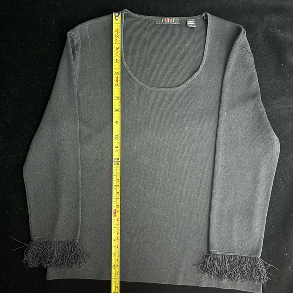 Women’s Black Sweater - Cyrus - Scoop Neck & 3/4 Sleeves with Fringe - Size M - Picture 11 of 16